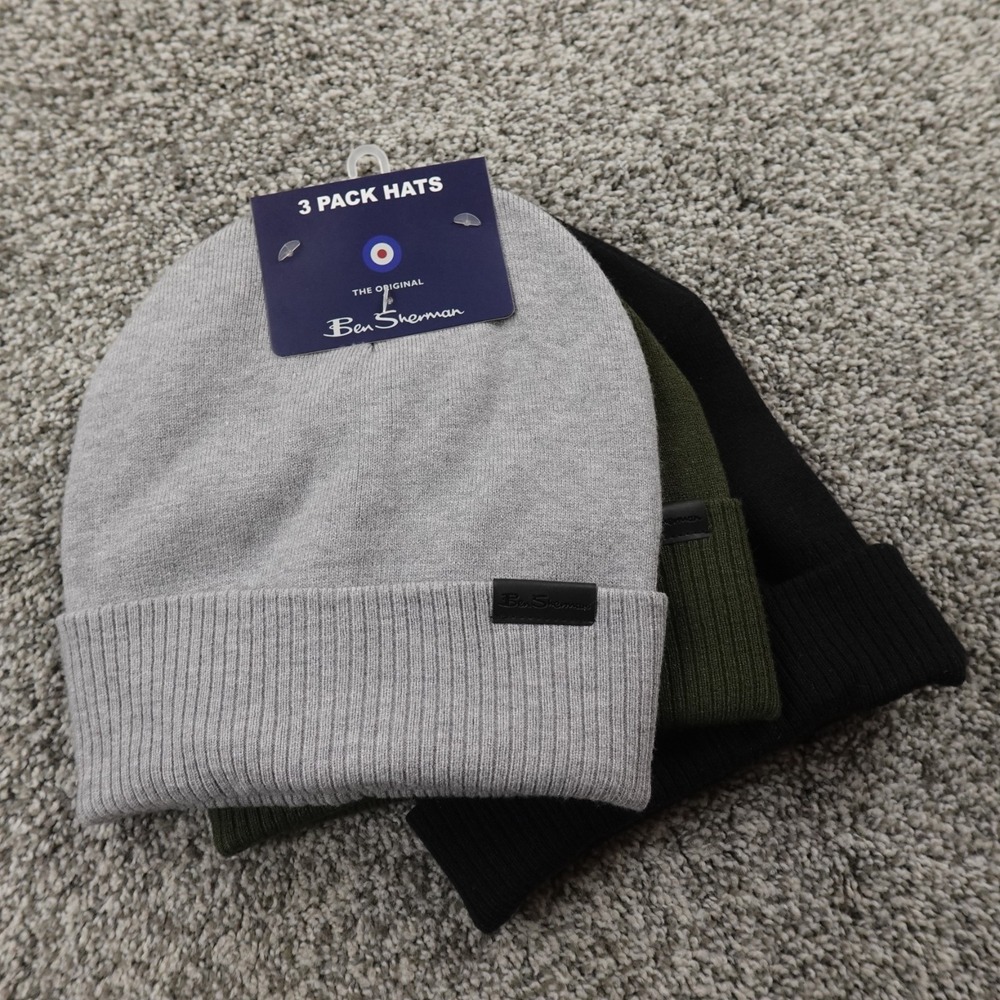 NEW Ben Sherman‎ Hat Beanie Cap Mens One Size Black Gray Green Knit 3 Pack Warm